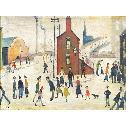 535 - Street scene with figures walking about, Manchester school oil on board, framed, 39cm x 29cm excludi... 