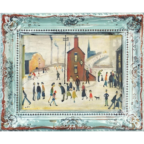 535 - Street scene with figures walking about, Manchester school oil on board, framed, 39cm x 29cm excludi... 