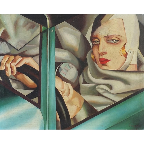 533 - Portrait of an Art Deco female driving a car, Polish school oil on board, framed, 49cm x 39cm exclud... 