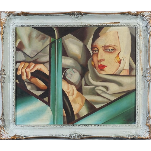 533 - Portrait of an Art Deco female driving a car, Polish school oil on board, framed, 49cm x 39cm exclud... 