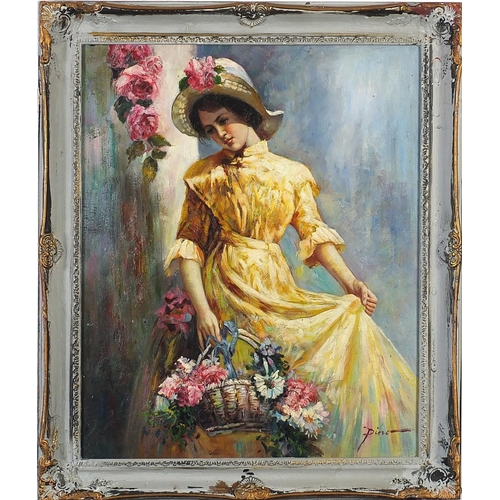 492 - Portrait of a female holding a basket of flowers, Italian school oil on board, framed, 59cm x 49cm e... 