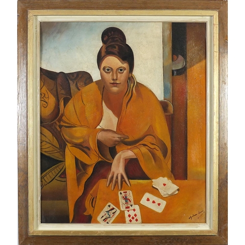 72 - Portrait of a female with playing cards, oil on board, mounted and framed, 59cm x 49cm excluding the... 