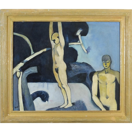 180 - Two nude males, Welsh impressionist oil on board, mounted and framed, 60cm x 49.5cm excluding the mo... 
