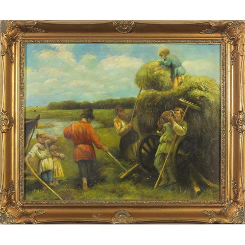 253 - Figures hay making, Impressionist oil on board, framed, 49.5cm x 39cm excluding the frame