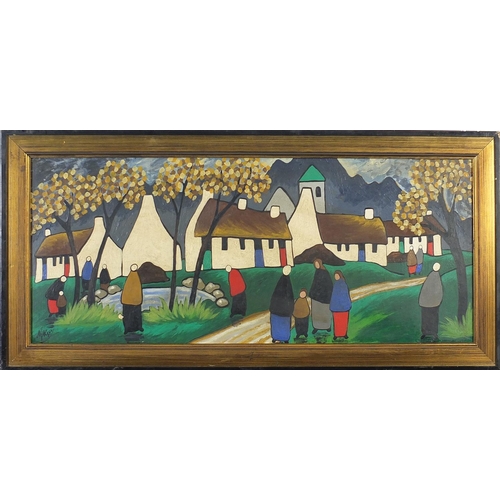 293 - Figures before cottages, Irish school oil on board, framed, 69cm x 28cm