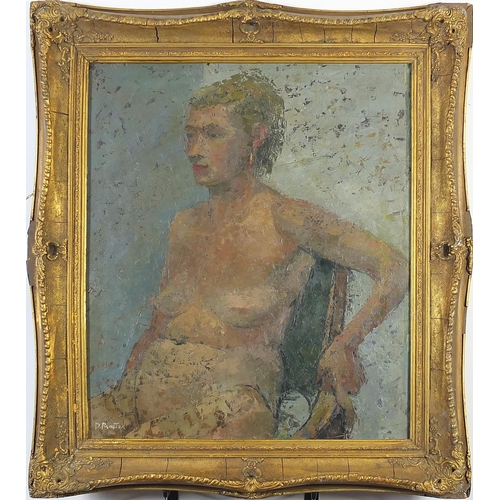 39 - Portrait of a seated nude female, British school oil on board, framed, 63.5cm x 53.5cm excluding the... 