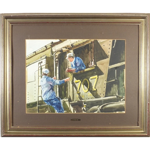 177 - Two construction workers on a train, watercolour, mounted and framed, 60.5cm x 45cm excluding the mo... 