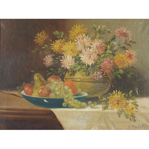 534 - V Marlot - Still life flowers and fruit, Belgium school oil on canvas, framed, 78cm x 59cm excluding... 