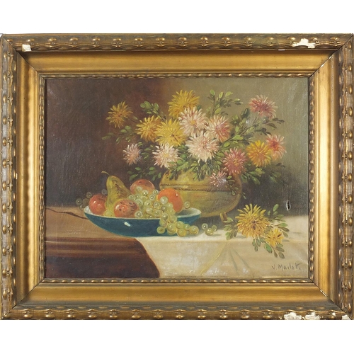 534 - V Marlot - Still life flowers and fruit, Belgium school oil on canvas, framed, 78cm x 59cm excluding... 