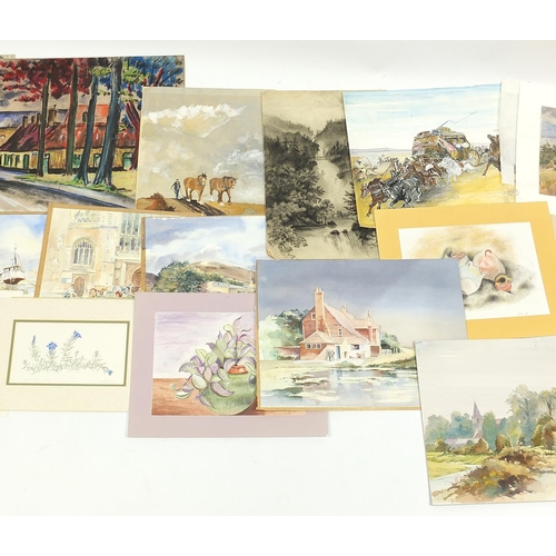 637 - Folio of paintings including oil on boards and watercolours