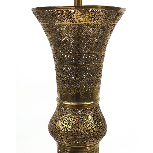 64 - Good Islamic Mamluk Revival mosque lamp finely pierced and engraved with calligraphy and foliage, 14... 