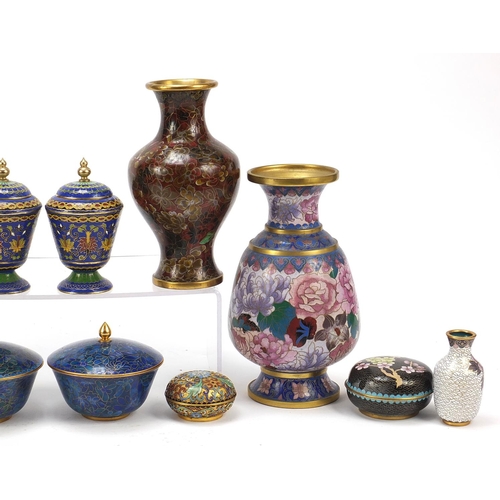 670 - Chinese cloisonné and Canton enamel including two pairs of vases and a pair of tea bowls with saucer... 