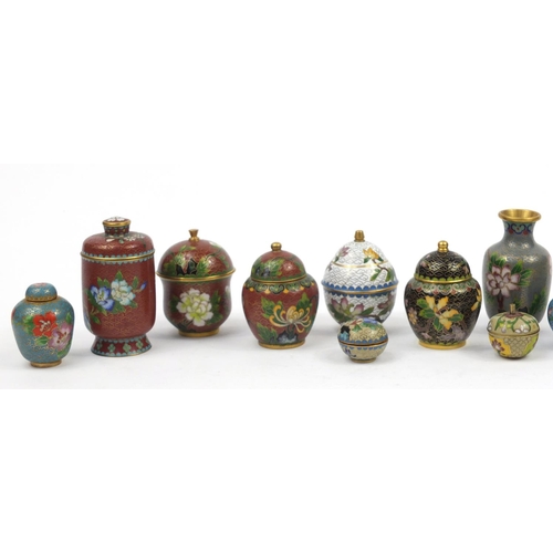 671 - Chinese cloisonné including ginger jars with covers and a vase, the largest 9cm high