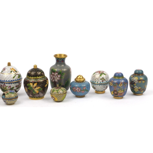 671 - Chinese cloisonné including ginger jars with covers and a vase, the largest 9cm high