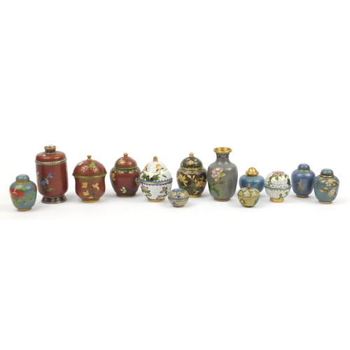 671 - Chinese cloisonné including ginger jars with covers and a vase, the largest 9cm high