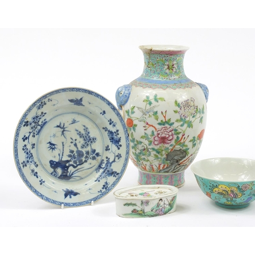 830 - Chinese porcelain including a vase with animalia handles hand painted in the famille rose palette wi... 