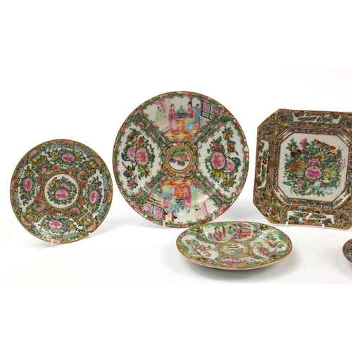 831 - Chinese Canton porcelain including six dishes/plates, twin handled cup and cup with saucer, each han... 