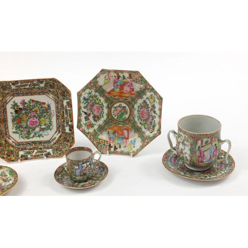 831 - Chinese Canton porcelain including six dishes/plates, twin handled cup and cup with saucer, each han... 