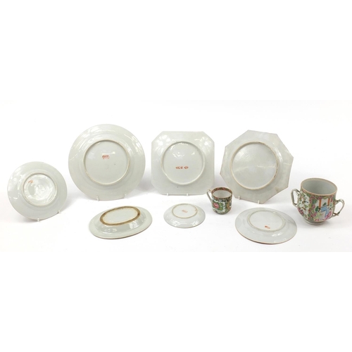 831 - Chinese Canton porcelain including six dishes/plates, twin handled cup and cup with saucer, each han... 