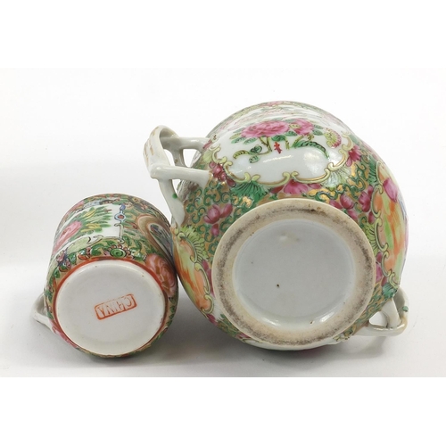 831 - Chinese Canton porcelain including six dishes/plates, twin handled cup and cup with saucer, each han... 