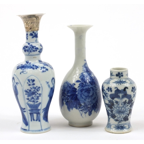 224 - Three Chinese blue and white porcelain vases including a silver topped example hand painted with fig... 