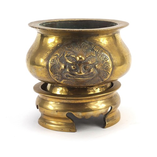 36 - Chinese bronze censer with animalia handles on stand, overall 11.5cm high x 15.5cm wide (PROVENANCE:... 