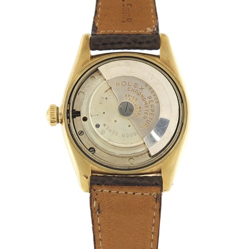 77 - Rolex, 14ct gold Oyster perpetual wristwatch with bubbleback, the movement numbered 52403, the case ... 