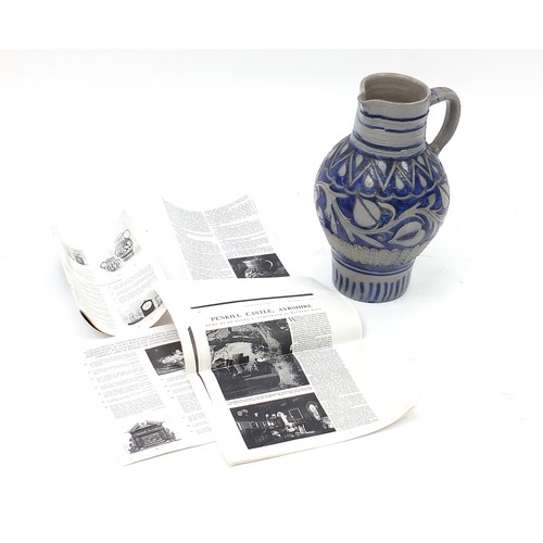 138 - Early 19th century Cologne ware jug decorated and incised with stylised foliage onto a cobalt blue g... 