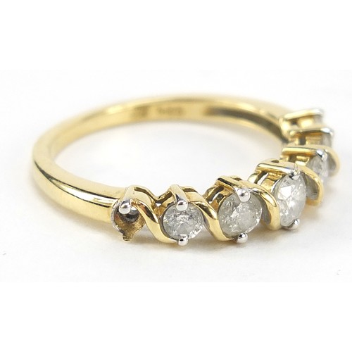 496 - 18ct gold graduated diamond half eternity ring, size P, 3.6g