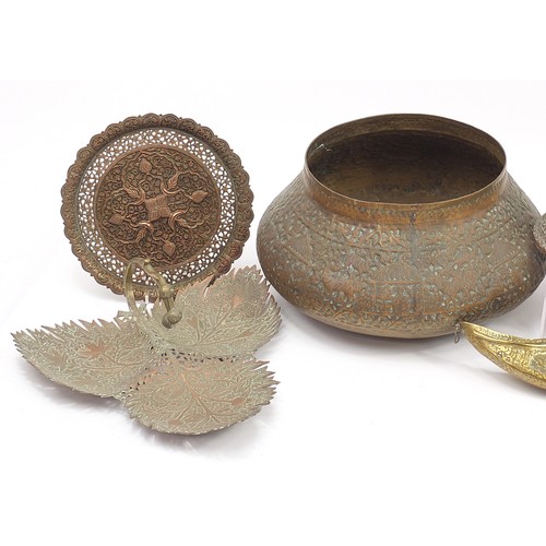 476 - Indian metalware including a copper pedestal cup and cover engraved with figures amongst flowers and... 