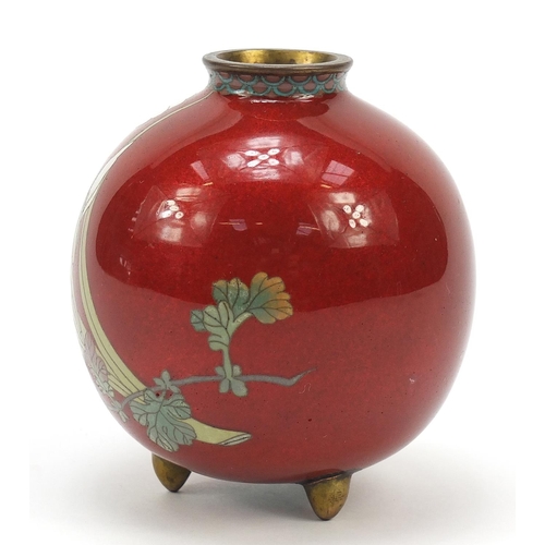 18 - Japanese globular cloisonné three footed vase, finely enamelled with flowers, 10.5cm high