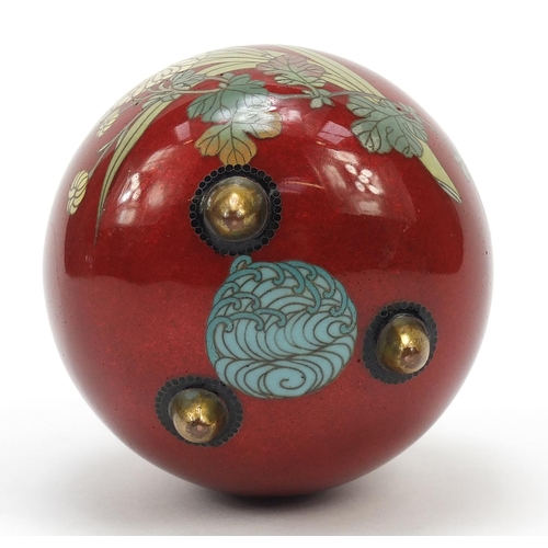 18 - Japanese globular cloisonné three footed vase, finely enamelled with flowers, 10.5cm high