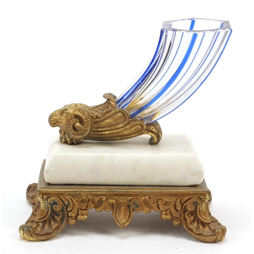 42 - 19th century gilt metal and marble desk weight with cornucopia glass vase on a ram's head support, 1... 