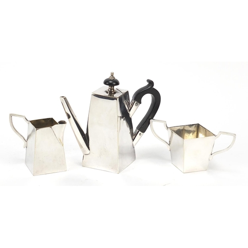 273 - Silver plated three piece teaset in the manner of Christopher Dresser, the largest 12.5cm high