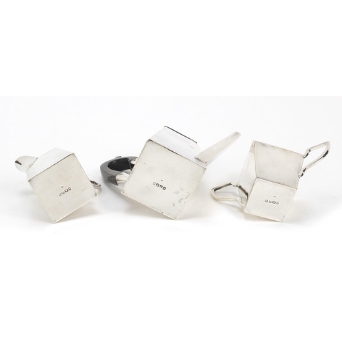 273 - Silver plated three piece teaset in the manner of Christopher Dresser, the largest 12.5cm high