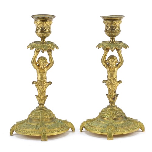 40 - Pair of 19th century classical Ormolu candlesticks with Putti columns, each 19.5cm high