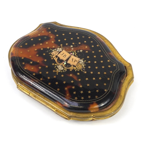 44 - Victorian gilt metal mounted tortoiseshell piqué work purse, 8.5cm wide