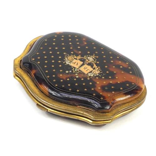 44 - Victorian gilt metal mounted tortoiseshell piqué work purse, 8.5cm wide