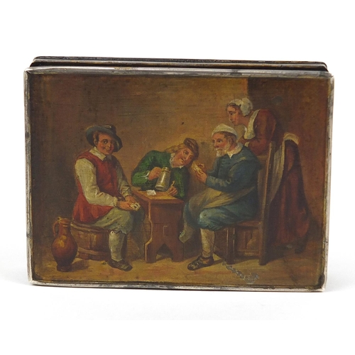 43 - Early 19th century tin snuff box hand painted with a tavern scene, 2cm H x 8cm W x 6cm D