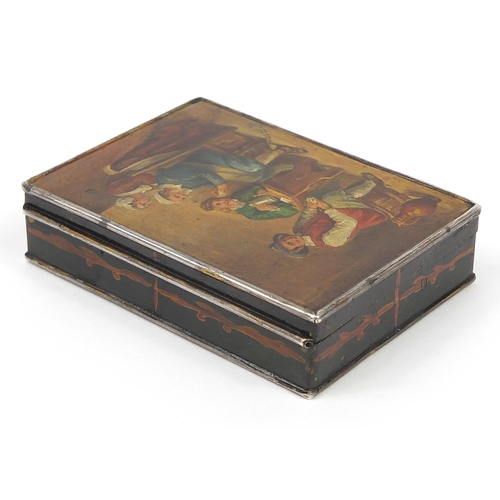 43 - Early 19th century tin snuff box hand painted with a tavern scene, 2cm H x 8cm W x 6cm D
