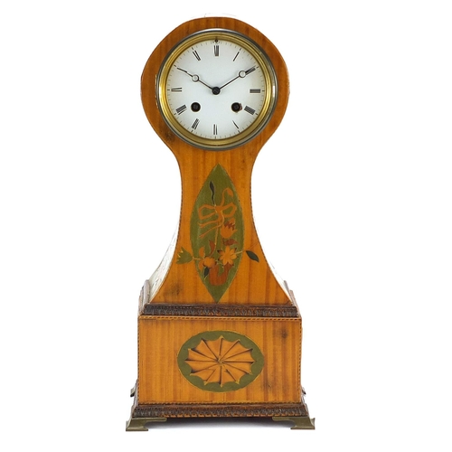 6 - 19th century satinwood inlaid mantle clock striking on a bell with enamelled dial having roman numer... 