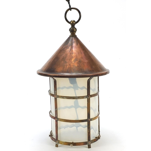 4 - Arts & Crafts copper lantern with vaseline glass shade in the manner of John Pearson, 42.5cm high