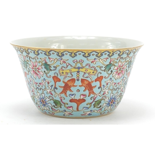 60 - Chinese porcelain turquoise ground bowl, finely enamelled in the famille rose palette with flower he... 