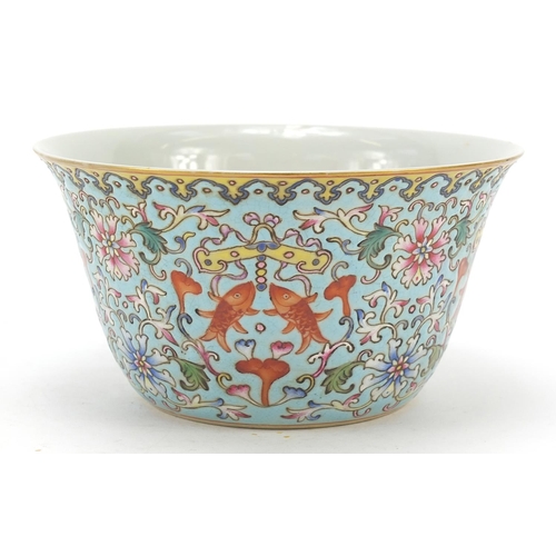 60 - Chinese porcelain turquoise ground bowl, finely enamelled in the famille rose palette with flower he... 