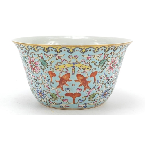 60 - Chinese porcelain turquoise ground bowl, finely enamelled in the famille rose palette with flower he... 
