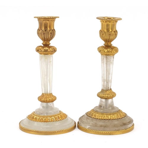 41 - Pair of French Empire design ormolu and rock crystal candlesticks, each 19.5cm high