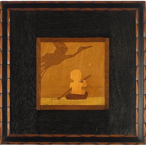 25 - Rowley Gallery, Arts & Crafts wooden marquetry panel inlaid with a stork above a baby in a boat, rem... 