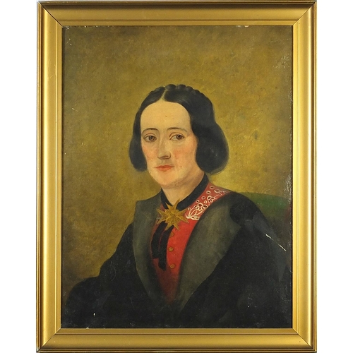 28 - Top half portrait of a female wearing a black overcoat, 19th century oil on canvas, framed, 44.5cm x... 