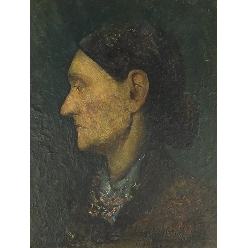 57 - After James Whistler - Portrait of a female, oil on panel, stamped verso, mounted and framed, 39cm x... 