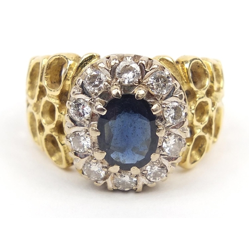 30 - Unmarked gold sapphire and diamond ring with pierced band, size O, 9.7g